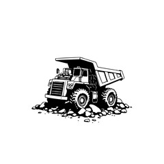 Illustration of a Heavy-Duty Dump Truck in Black and White for Construction Sites