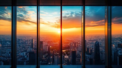 Cityscape sunset view from a skyscraper office.
