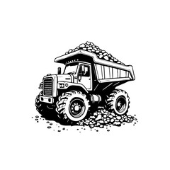 Illustrative Dump Truck Overflowing with Rocks in Black and White Graphic Art