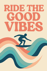 Retro Pastel Wave “Ride the Good Vibes” Surf Graphic Tee © Ahmed