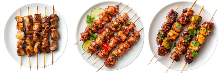 Set of Chicken and pork satay skewers neatly arranged on a white plate,isolated on a transparent background (2)