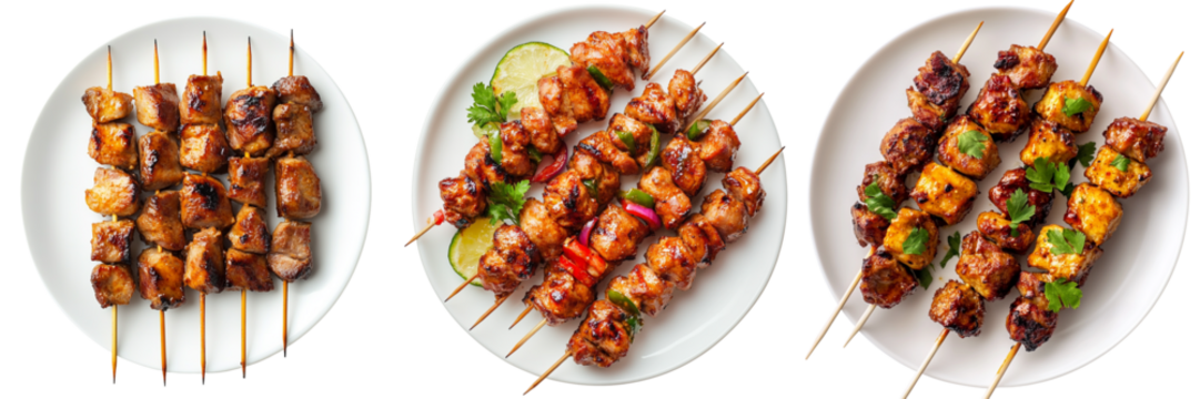 Set of Chicken and pork satay skewers neatly arranged on a white plate,isolated on a transparent background (2)