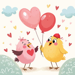 two fluppy chicken with love ballons