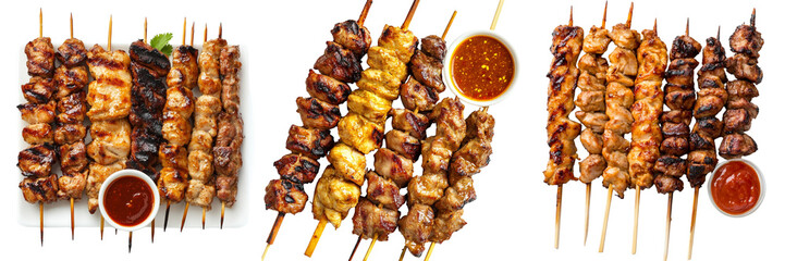 Set of Close-up of assorted chicken and pork satay skewers with dipping sauce,isolated on a transparent background (2)