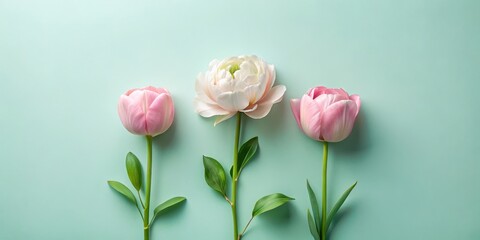 Fototapeta premium Pastel Pink and White Blooms Arranged on a Mint Green Background for Elegant Floral Display
