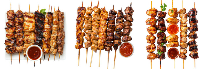Set of Close-up of assorted chicken and pork satay skewers with dipping sauce,isolated on a transparent background