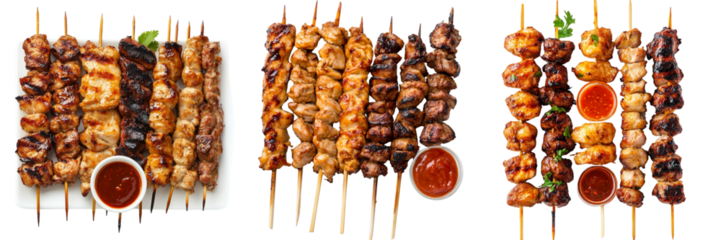 Set of Close-up of assorted chicken and pork satay skewers with dipping sauce,isolated on a transparent background