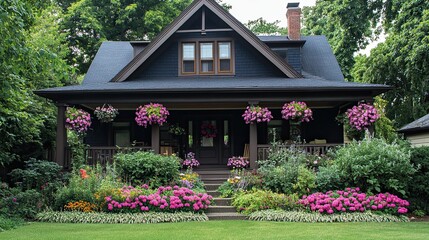 Classic Bungalow with Wraparound Porch and Hanging Flower Baskets â€“ Picturesque Residential Exterior