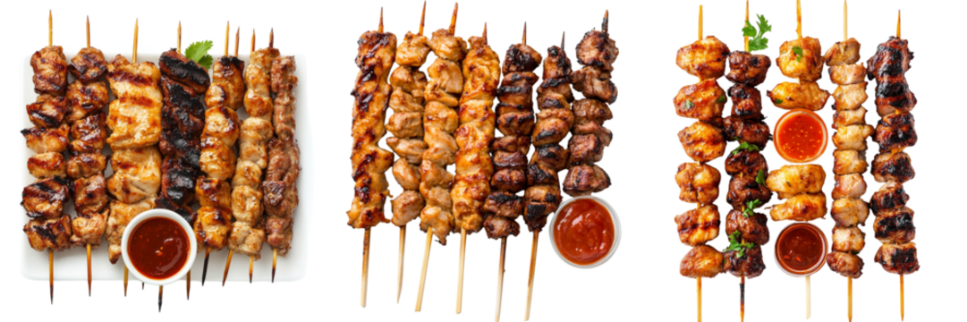 Set of Close-up of assorted chicken and pork satay skewers with dipping sauce,isolated on a transparent background