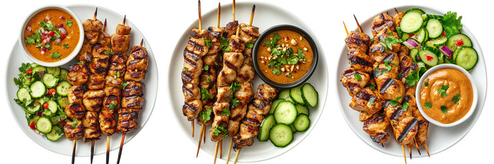 Set of Grilled chicken and pork satay served with peanut sauce and cucumber salad,isolated on a transparent background (2)