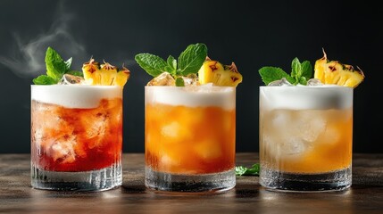 A trio of colorful cocktails garnished with mint and pineapple, showcasing vibrant flavors, perfect for a tropical escape or summer party ambiance.