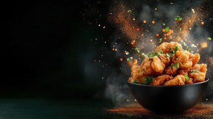 A dynamic image of fried food bursting with flavor, sprinkled with herbs and spices, creates an appetizing visual feast, embodying excitement and culinary delight.