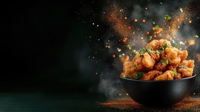 A dynamic image of fried food bursting with flavor, sprinkled with herbs and spices, creates an appetizing visual feast, embodying excitement and culinary delight.
