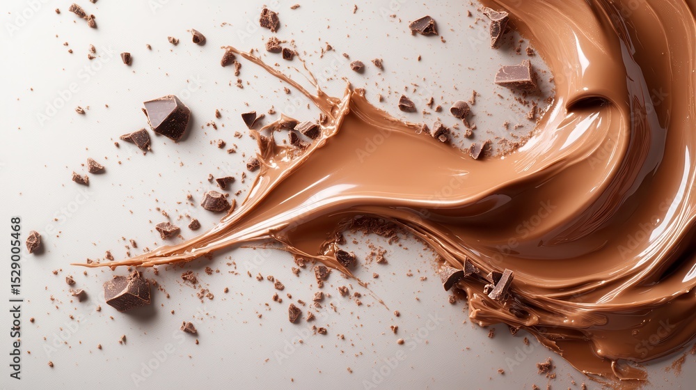 Poster a visually appealing and dynamic composition featuring a swirl of melted chocolate alongside broken 