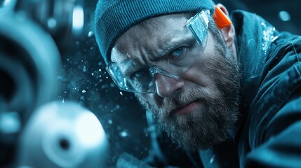 A close-up of a mechanic focused on his work, showcasing sharp features, protective gear, and the gritty atmosphere of a workshop with blurred tools in the background.