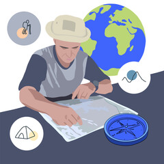 Vector isolated illustration of a man looking for a way on a tourist map. Local orientation. Tourist guide.
