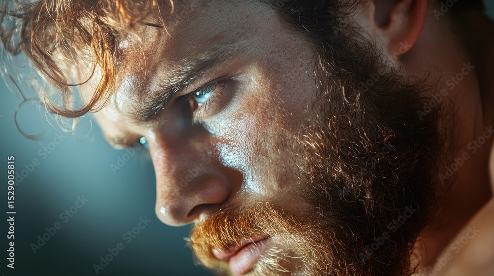 Poster a focused and intense close-up image reveals a bearded man's sharp gaze, showcasing determination an