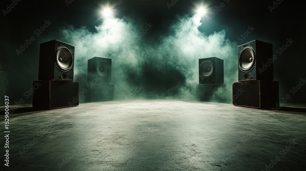 Aufkleber two imposing speakers dominate the space, surrounded by a dramatic haze and illuminated by focused b