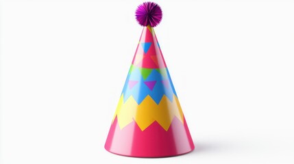 A colorful birthday hat with a pink and yellow striped pattern and a purple pom-pom on a white background.