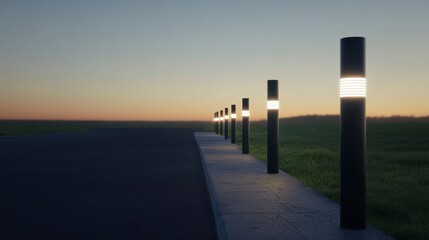 Modern bollard lights illuminate a pathway at dusk.