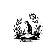 Monochrome avian illustration: a bird perched amidst foliage and rippling water depiction