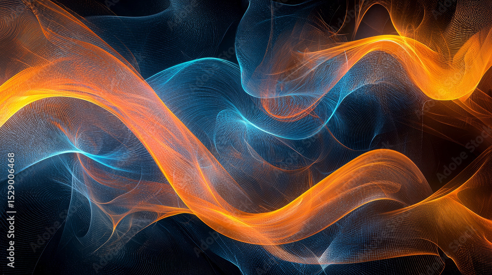 Poster a dynamic abstract design with flowing orange and blue curves and waves, set against a dark backdrop