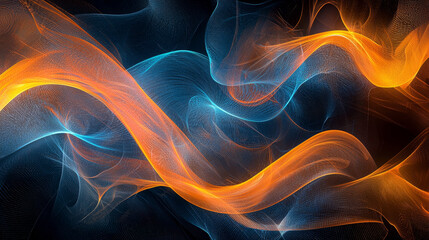 Fototapeta premium A dynamic abstract design with flowing orange and blue curves and waves, set against a dark backdrop to evoke movement and energy.