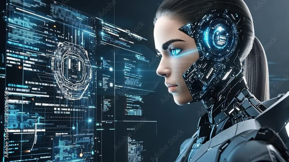 Poster a portrait of a futuristic cyborg woman analyzing data and a virtual interface. the image features a