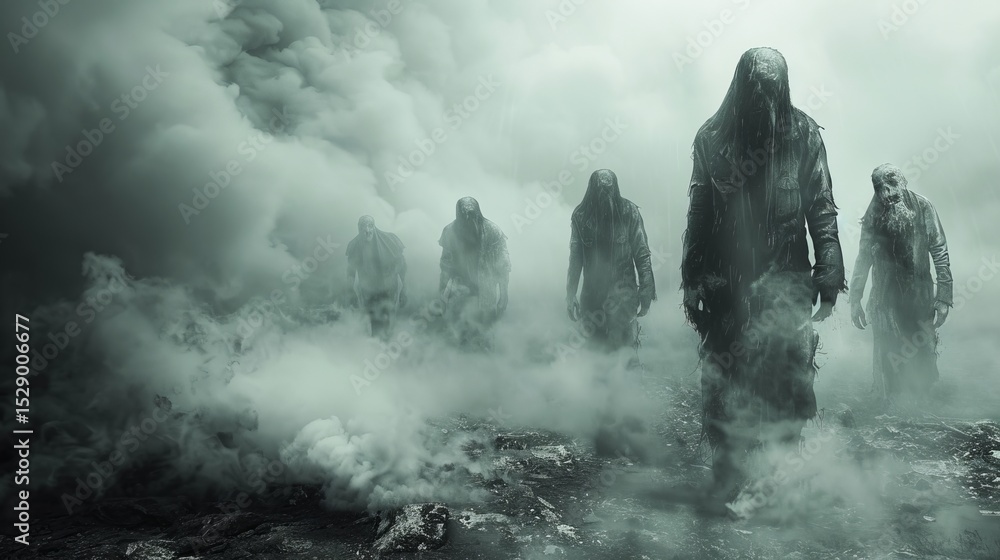 Aufkleber a haunting scene depicting shadowy figures emerging from dense fog, evoking feelings of mystery and 