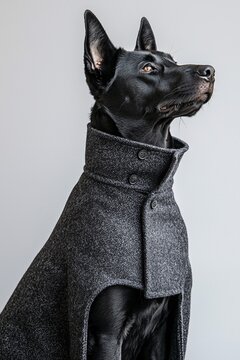 Elegant Black Dog in a Stylish Winter Coat: A Captivating Canine Portrait