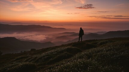 Silhouette of hiker standing on mountain ridge watching dramatic sunrise over misty valley landscape