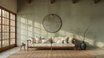 Modern minimalist living room interior with natural light, wooden furniture and neutral earth tones