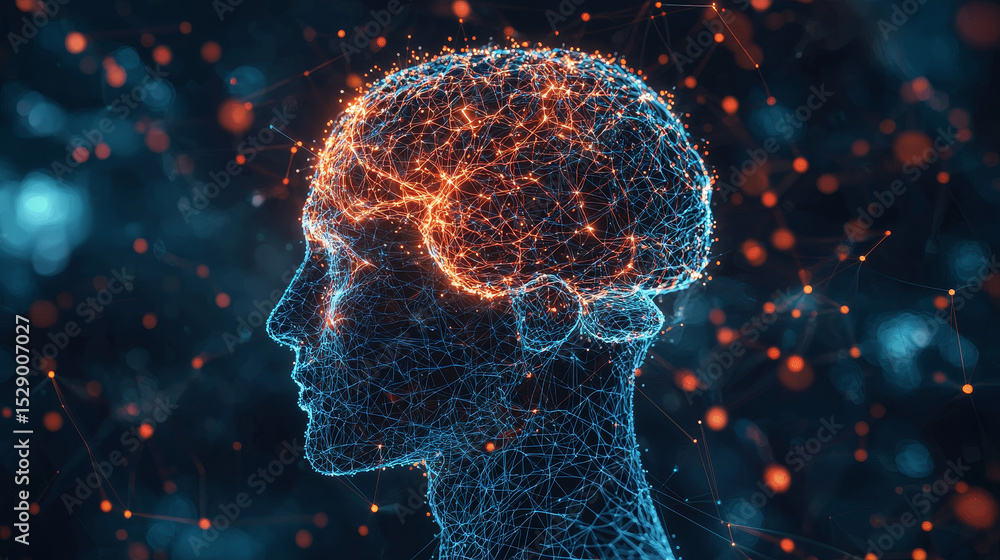 Poster digital illustration of human brain with glowing neural pathways highlighting complexity and intelli