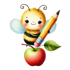 Cute watercolor clipart of bees going back to school, featuring adorable elements like books, pencils, backpacks, and chalkboards. Perfect for children’s projects, nursery decorations, or school-theme