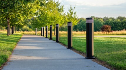 Sunlit pathway with bollards and green grass.