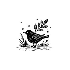 Elegant Bird Illustration with Leaves and Stars in Black and White Design