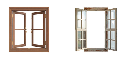 Two open windows side by side with different styles and colors on a black background in a studio shot
