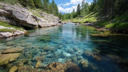 Clear Blue River Running Through Rocky Terrain