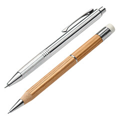 Silver Metal Pen and Wooden Pencil on White Background