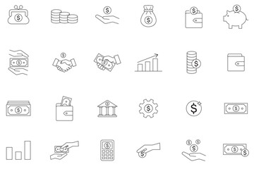 24 Thin Line Money Icons Set . Modern Payment Linear Symbols . money management, wallet, banking, ATM, piggy bank, investment profit, finance growth chart, money increase, finance icon collections.  