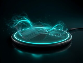 turquoise illuminated wireless charger pad abstract magnetism lines digital sci-fi ambiance product tech visualization with energy currents