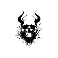 Monochrome skull with horns and splatter effect creating a dark and edgy illustration