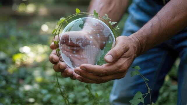 Hands holding a digital globe representing environmental sustainability and global interconnectedness within a lush natural setting depicting eco-consciousness.