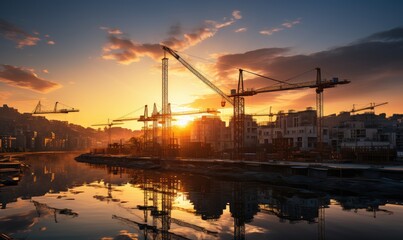 Fototapeta premium A beautiful sunset casting warm hues over an active construction site, featuring cranes silhouetted against colorful clouds reflected in the calm water below.