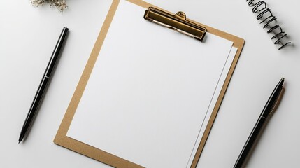 Clipboard with Blank White Paper Sheet and Pen Laying on White Background for Office Use