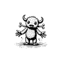 Whimsical horned monster illustration with playful bone arms and cartoonish charm