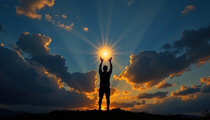 Obraz premium person silhouetted at the bottom, reaching up towards a glowing renewable energy , clear copy space at the top for text or graphics, backlit for dramatic effect.