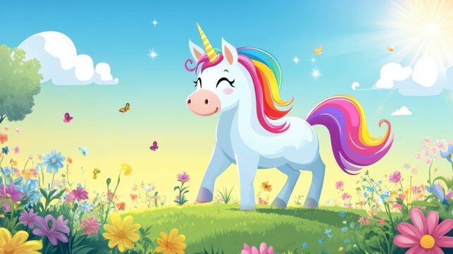 Happy rainbow unicorn in a vibrant flower field.