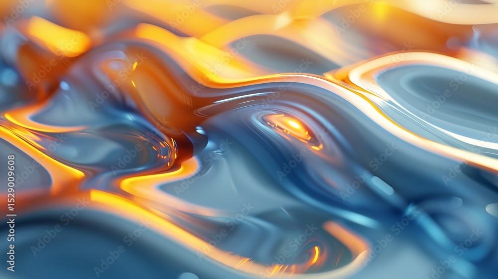 Poster an abstract representation of liquid waves showcases a harmonious blend of blue, orange and reflecti