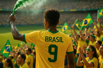 Brazilian Fan Holding Green Flare at Soccer Match

